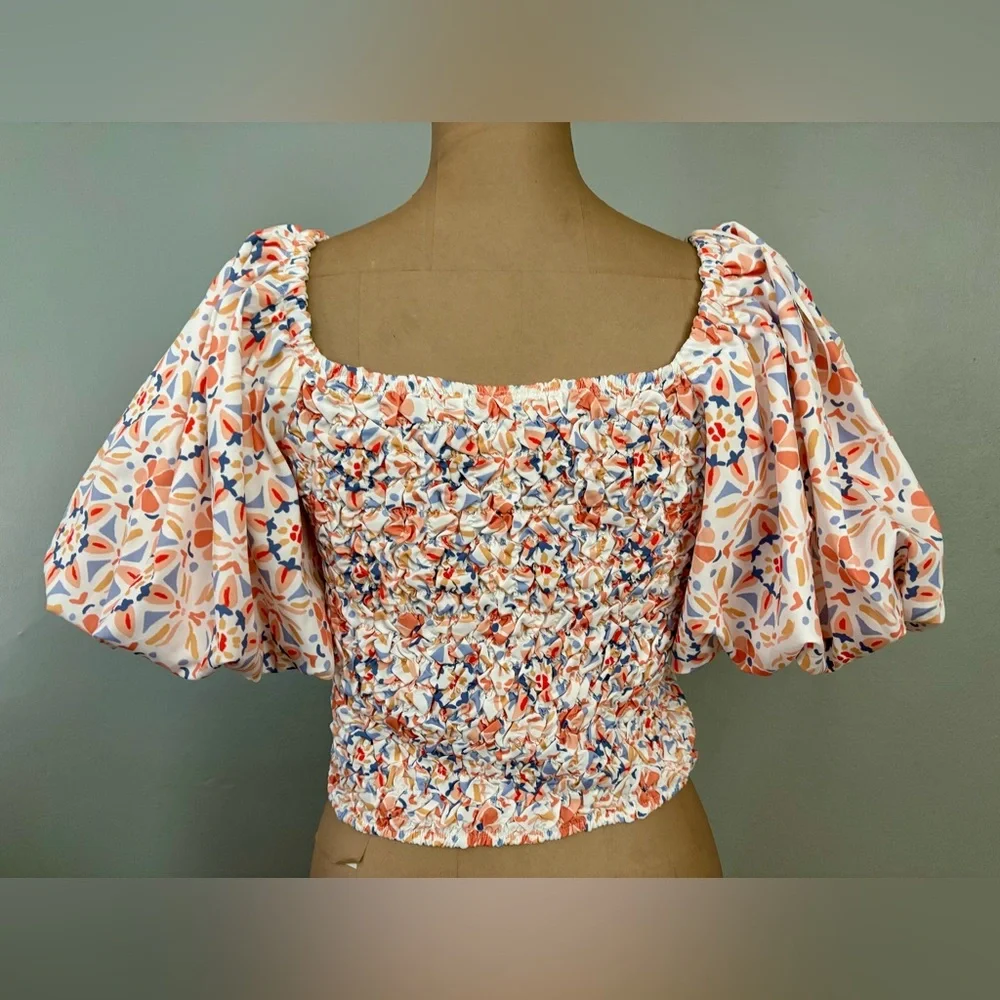 Anthropologie DOLAN Off The Shoulders Textured Floral Top Puff Sleeves Small